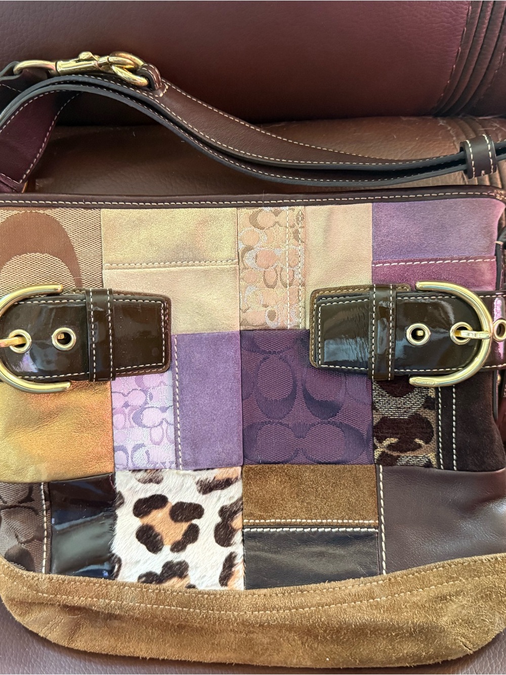 Coach Patchwork Multi-Texture Hobo in Purple, Brown & Tan